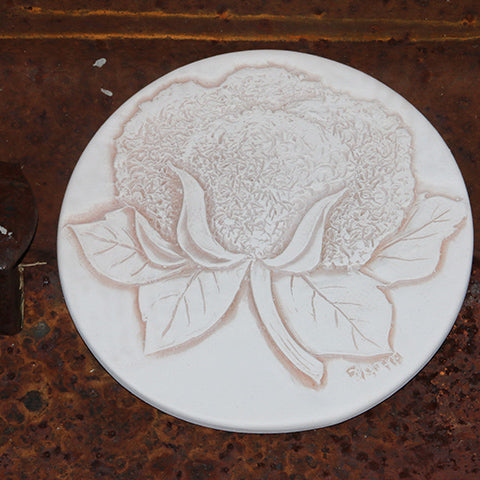 Handmade Ceramic Coaster Etched with Cotton Boll