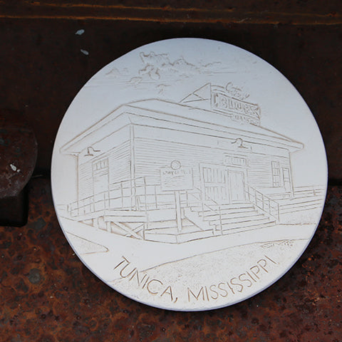 Handmade Ceramic Coaster Etched with Gateway to the Blues Building