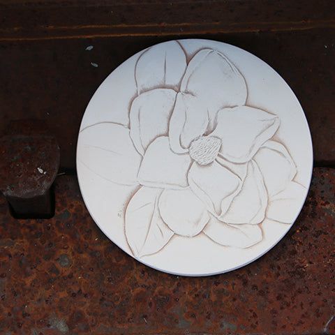 Handmade Ceramic Coaster Etched with a Mississippi Magnolia